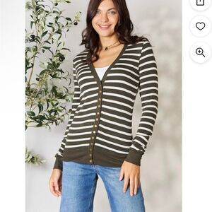 Zenana Outfitters Olive and White Striped Cardigan